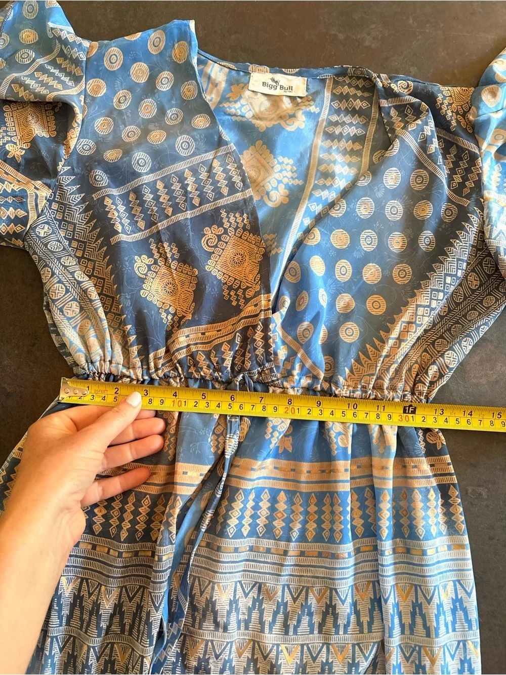 Boho Blue Printed V-Neck Mini Dress with Tassel Detail Small - Picture 2 of 10